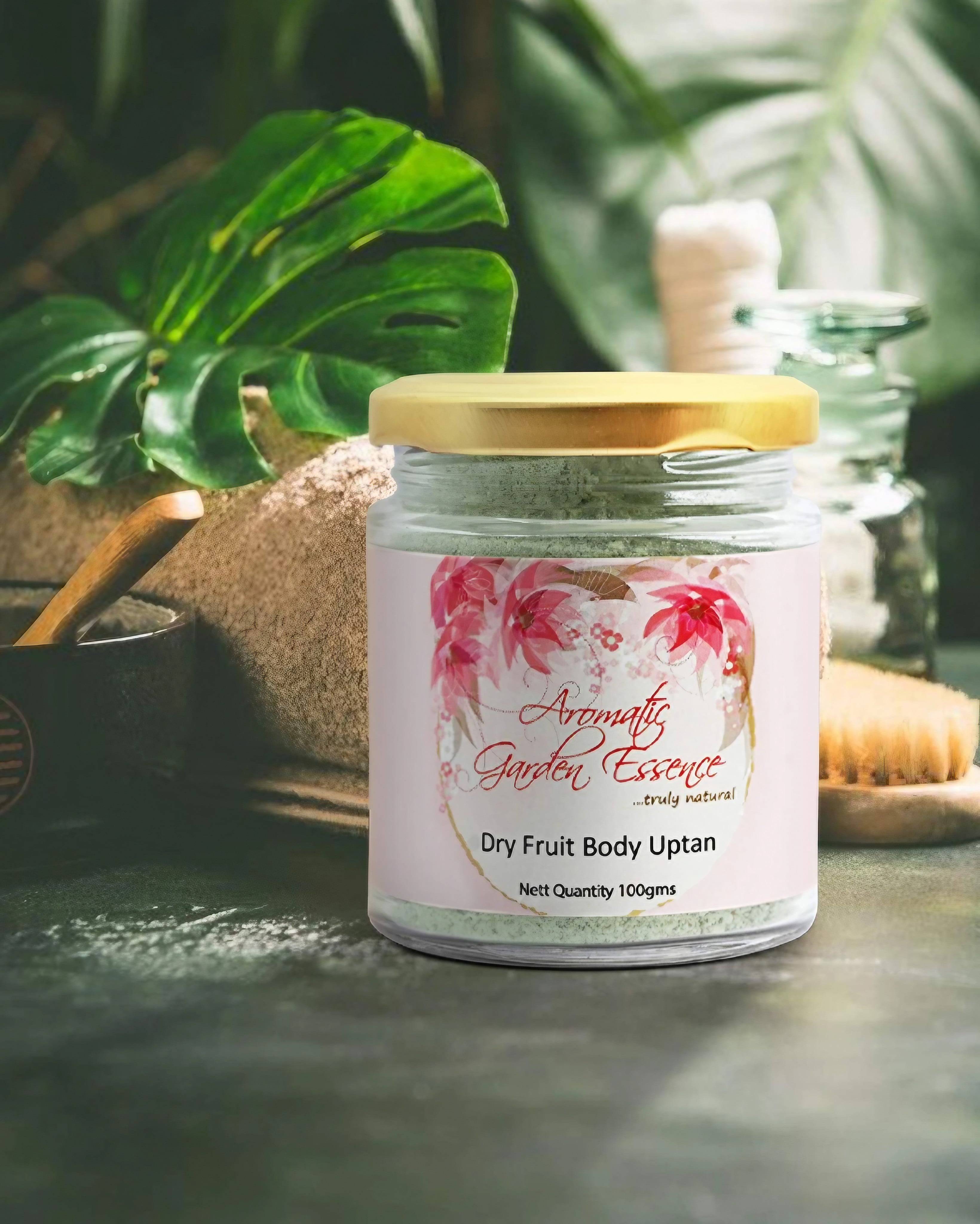AGE Dry Fruit Body Uptan jar for radiant skin with a decorative plant and towel in the background